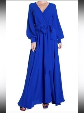 Meghan Los Angeles Lily pad Blue Maxi Dress Size XL Long Sleeve -Sash Belt